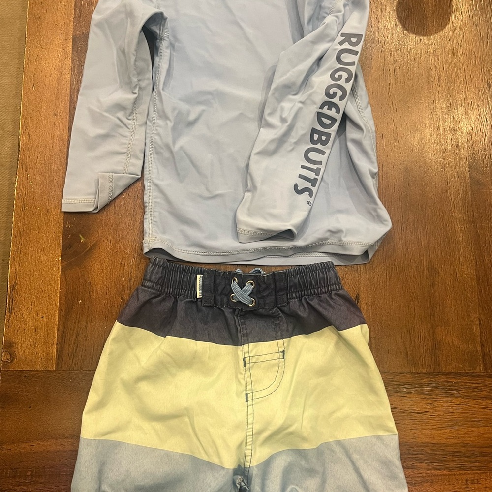 RuggedButts Boys Light Blue Rash Guard & Colorblock Swim Trunks Set